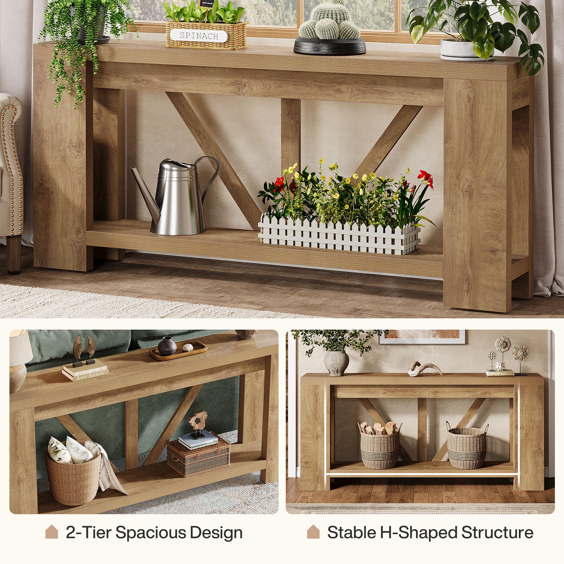 70.9" Extra Long Farmhouse Console Table with Storage - Light Brown