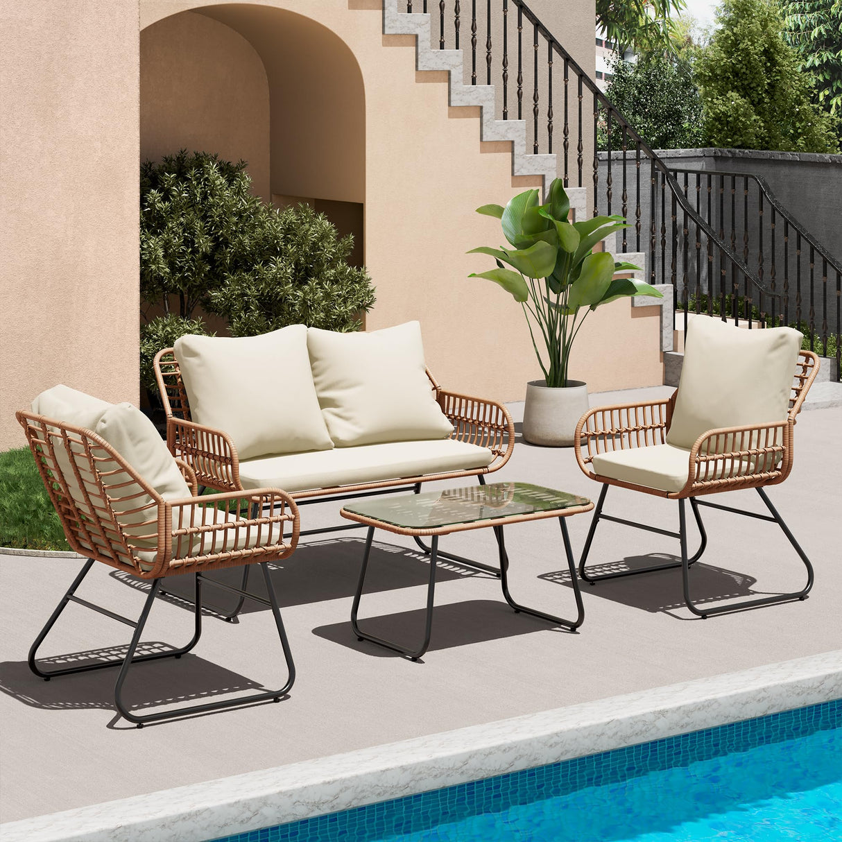 4-Piece Rattan Patio Furniture Set, All-Weather Bistro Conversation Loveseat