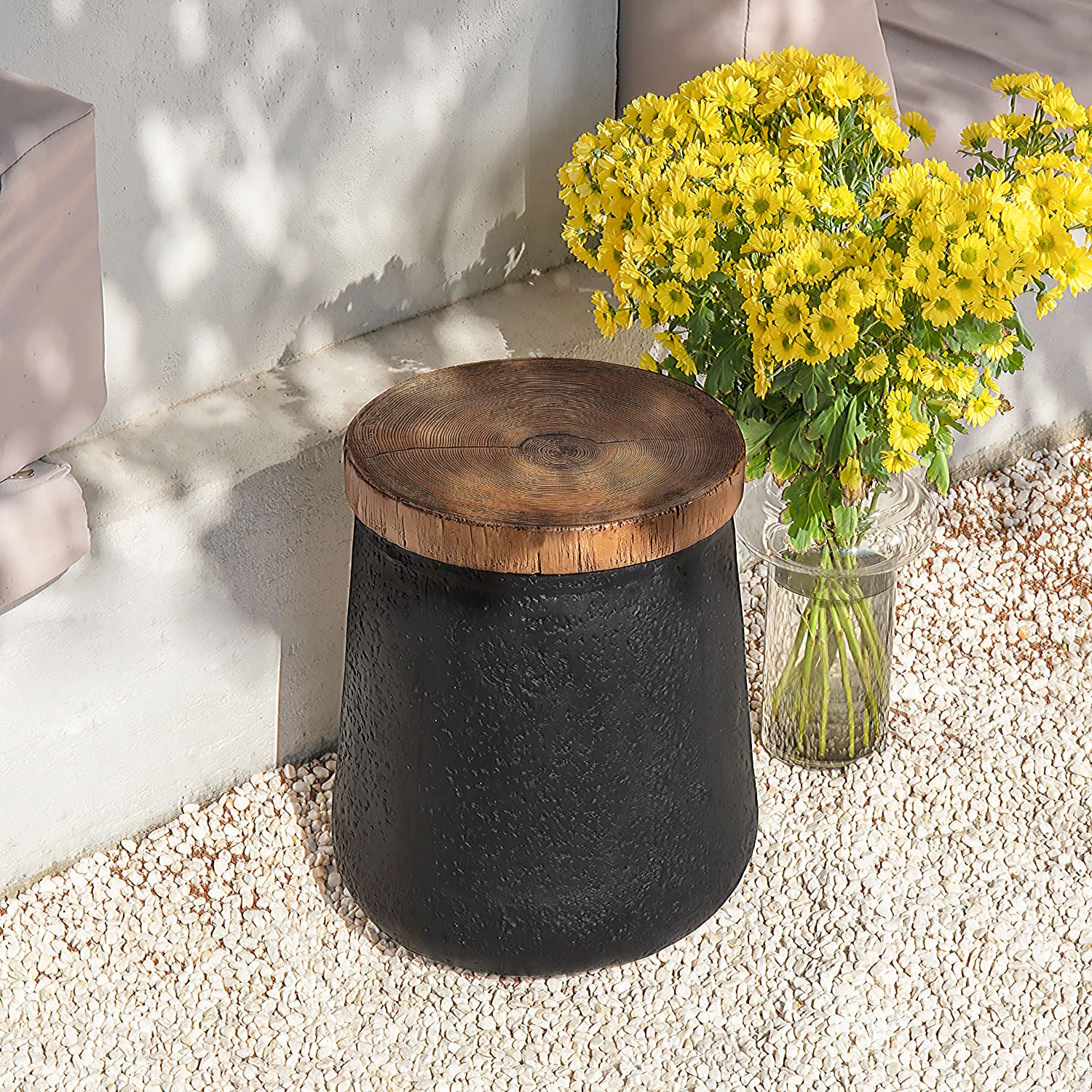 Drum End Table Cylinder Shaped Concrete Side Table Faux-Wood Top