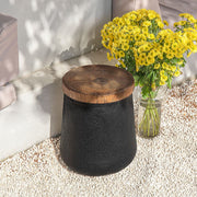 Drum End Table Cylinder Shaped Concrete Side Table Faux-Wood Top