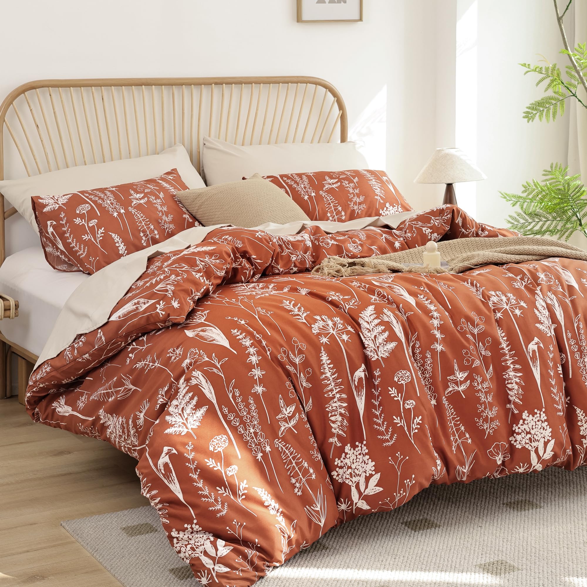 JANZAA Twin Comforter Set - Floral Twin Comforter, Twin Bedding Sets for All Seasons, 2 Pieces, 1 Comforter (66"x90") & 1 Pillow Cases (20"x26"), Terracotta