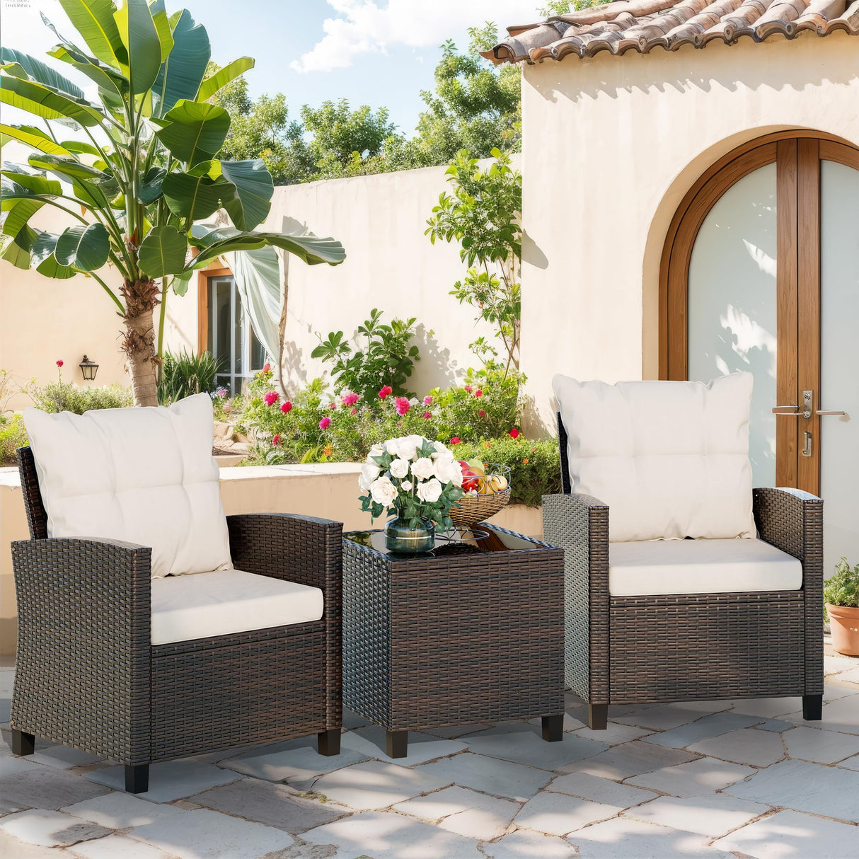 3 Piece Patio Furniture Set Small Outdoor Wicker Rattan Front Porch Bistro Set Cushioned