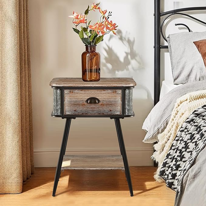 1PCS Farmhouse Night Stand with Drawer for Bedroom,Large Unique Rustic End Table