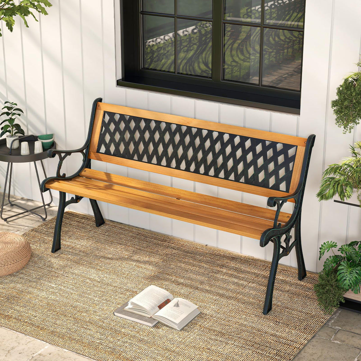 Outdoor Bench, 3-Person Garden Bench with Slatted Seat, Curved Armrests