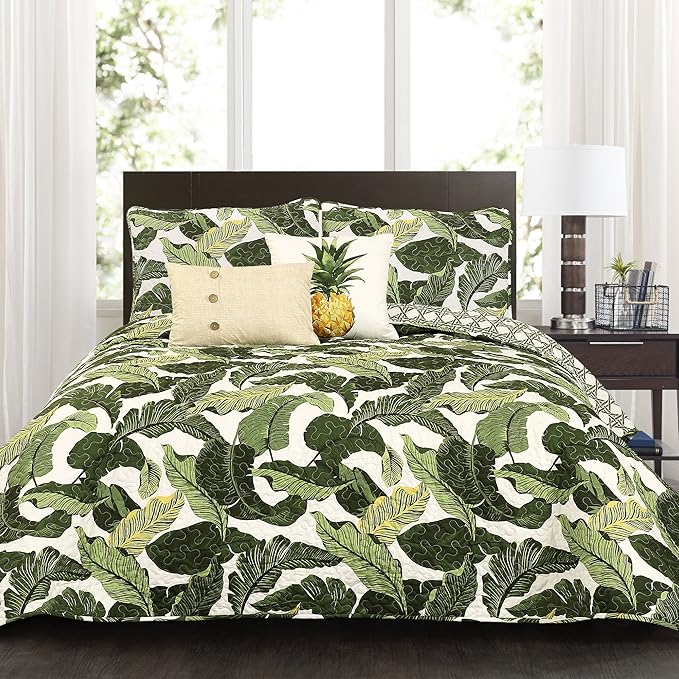 16T002392 Green Tropical Paradise Quilt-Leaf Palm Rainforest Reversible 5 Piece Bedding