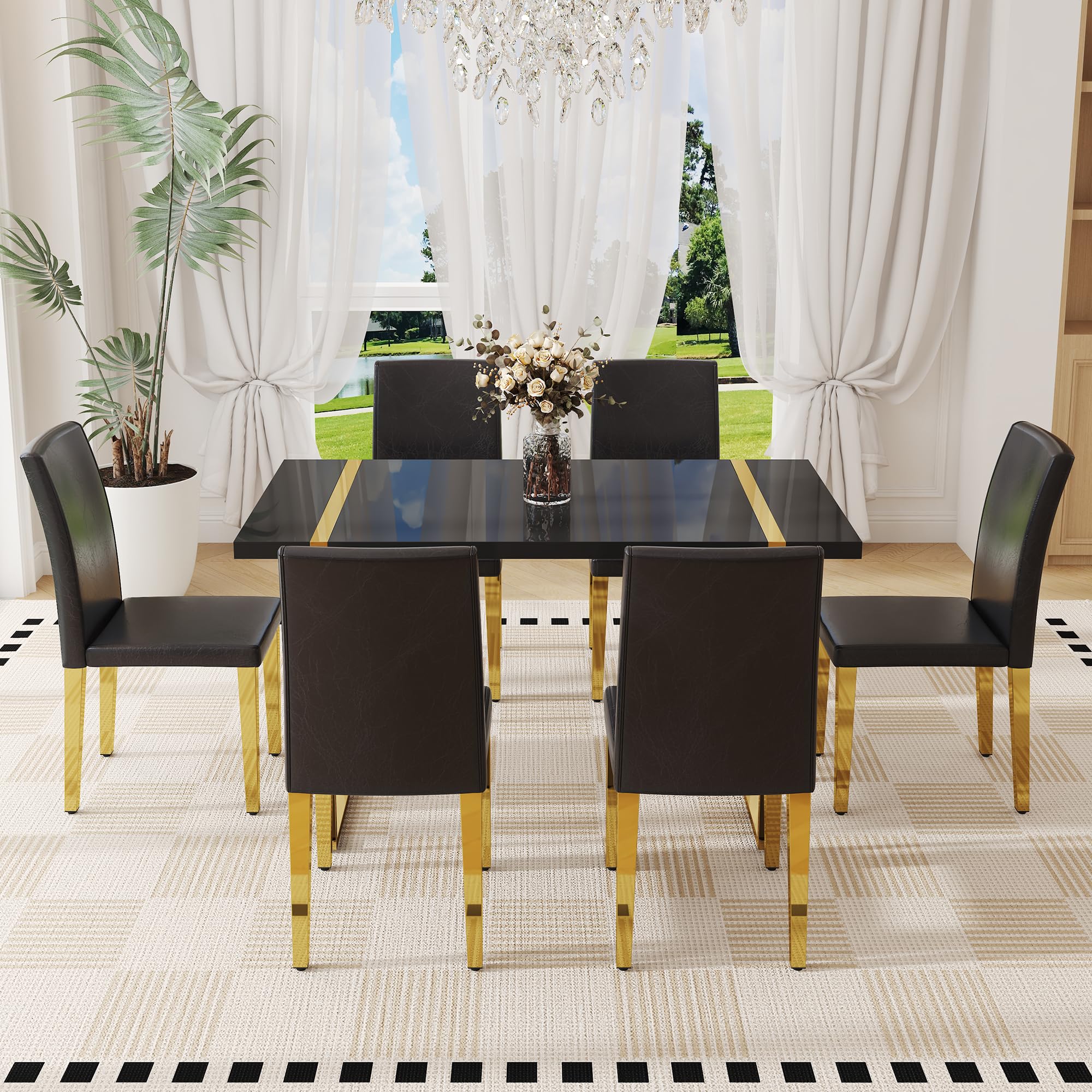 55" Black Dining Table Set for 6 with Golden Metal Legs