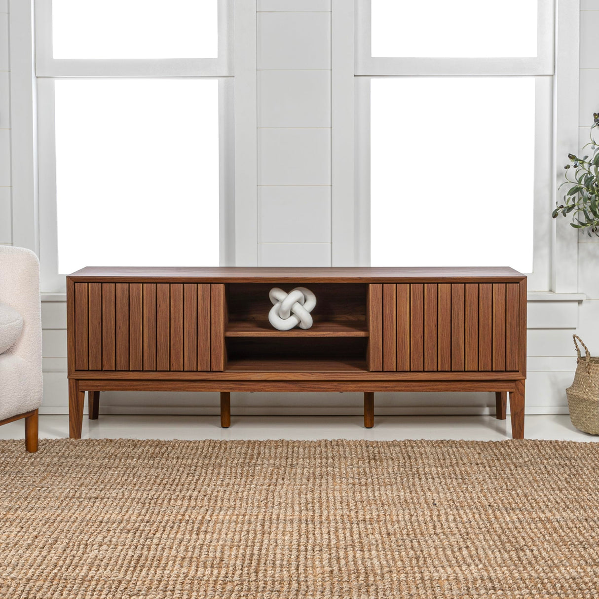 JONATHAN Y TVS1000B Gennaro 58 in. Farmhouse 3-Storage Sliding Door TV Stand Fits TVs up to 65 in. with Cable Management, Walnut Entertainment Center with Storage for Living Room, Bedroom