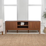 JONATHAN Y TVS1000B Gennaro 58 in. Farmhouse 3-Storage Sliding Door TV Stand Fits TVs up to 65 in. with Cable Management, Walnut Entertainment Center with Storage for Living Room, Bedroom