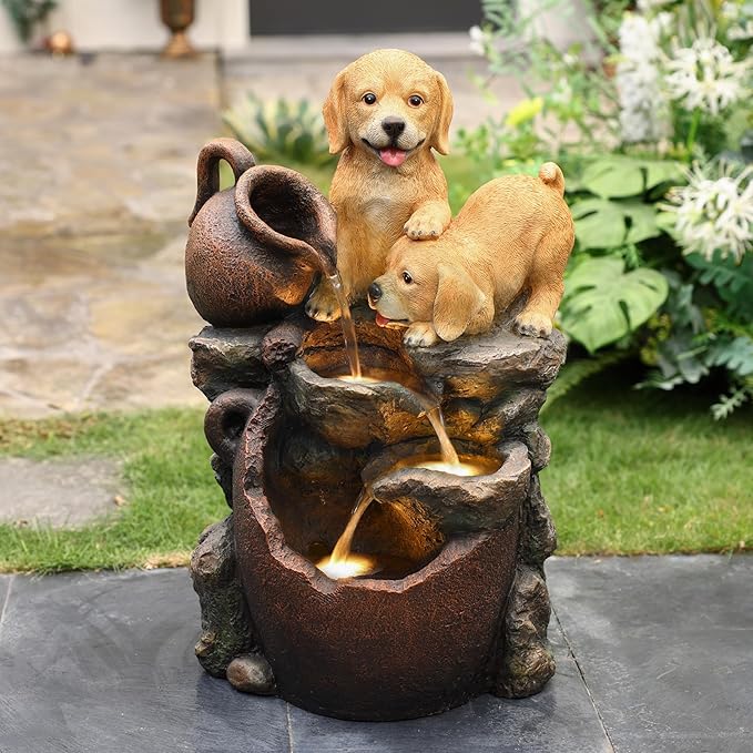 Outdoor Water Fountain, 30 Inch Puppies and Pump Resin Water Fountains Indoor