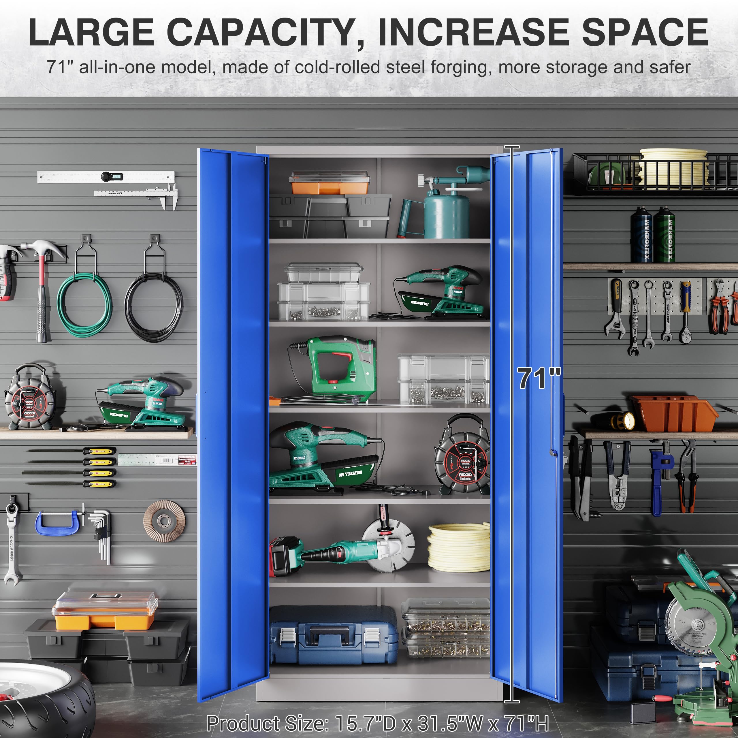 Metal Cabinet with 5 Adjustable Shelves,Garage Storage Cabinet with Lock