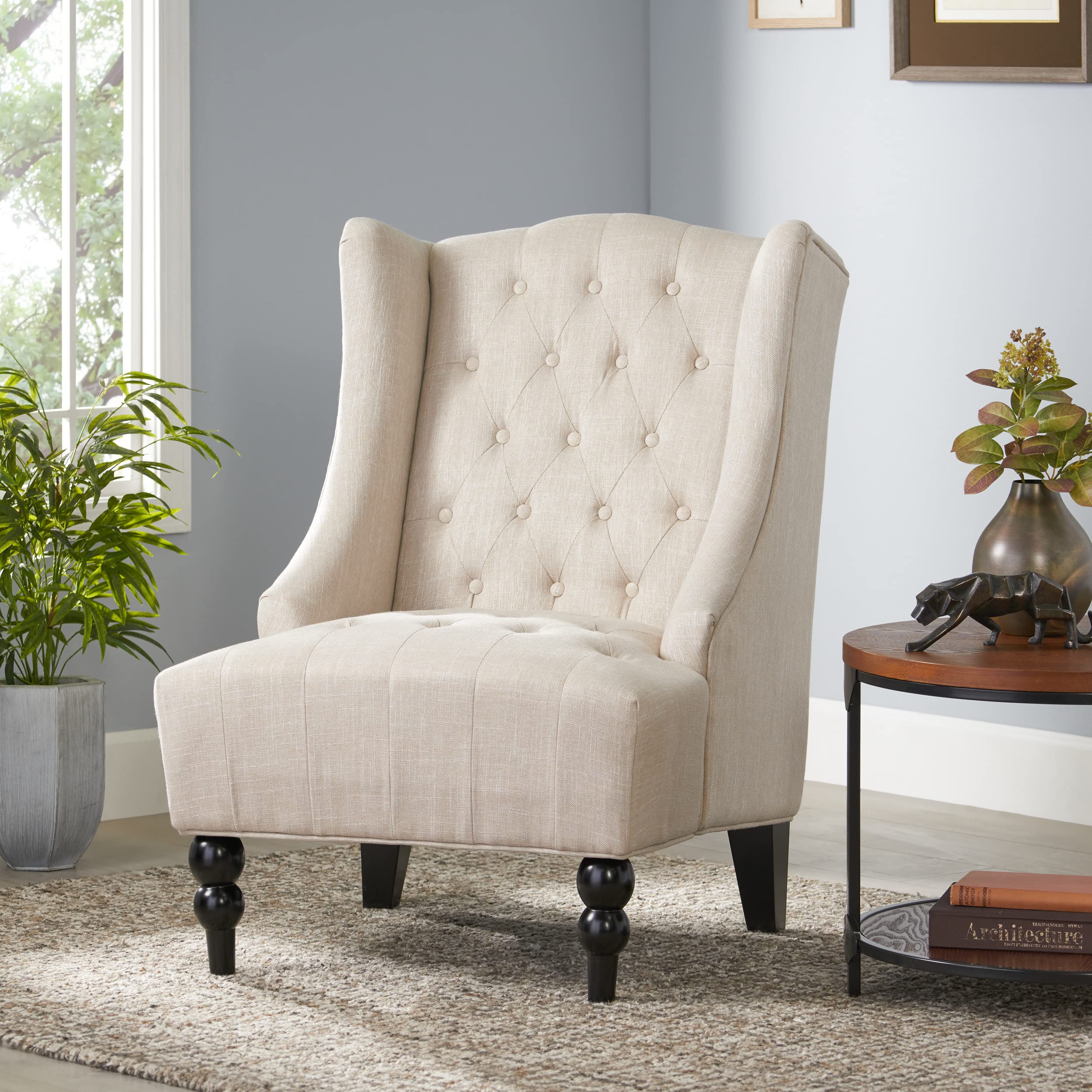 Tall Tufted Fabric Accent Chair, Vintage Club Seat for Living Room (Light Beige)