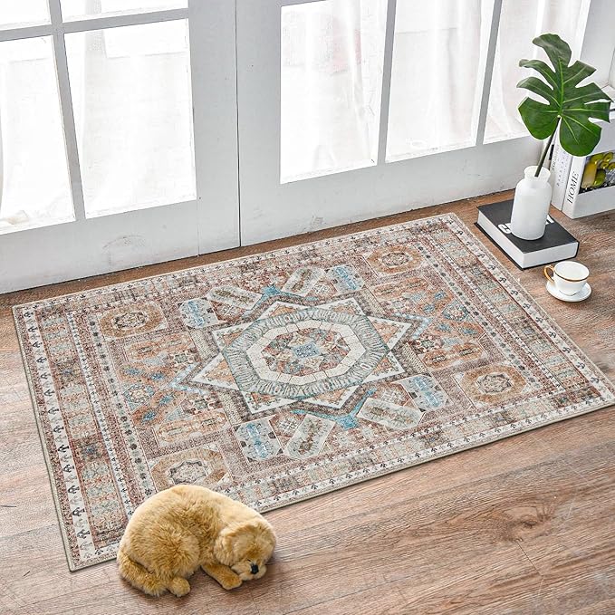 5x7 Washable Rug, Soft Machine Washable Non Slip with Rubber Backing Vintage Rug