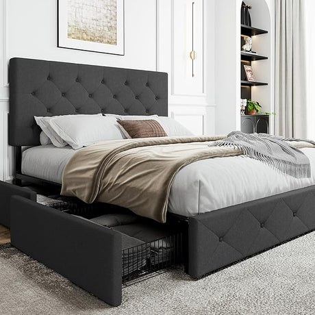 Upholstered Queen Platform Storage Bed Frame with 4 Drawers, Adjustable Headboard