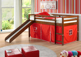 Low Loft Bed with Slide with Tent, Twin, Light Espresso/Red