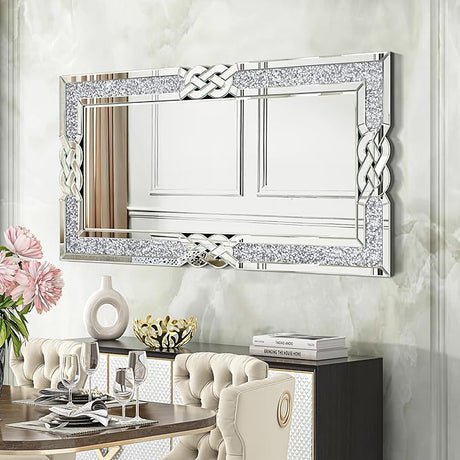 Crystal Crush Diamond Wall Mirror 46.5''x30.5'' Rectangle Silver Mirrors for Wall Decorative Large Wall