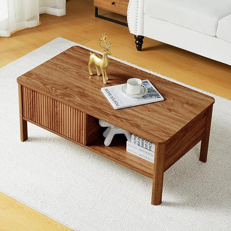 Wooden Fluted Lift Top Coffee Table with Hidden Compartment