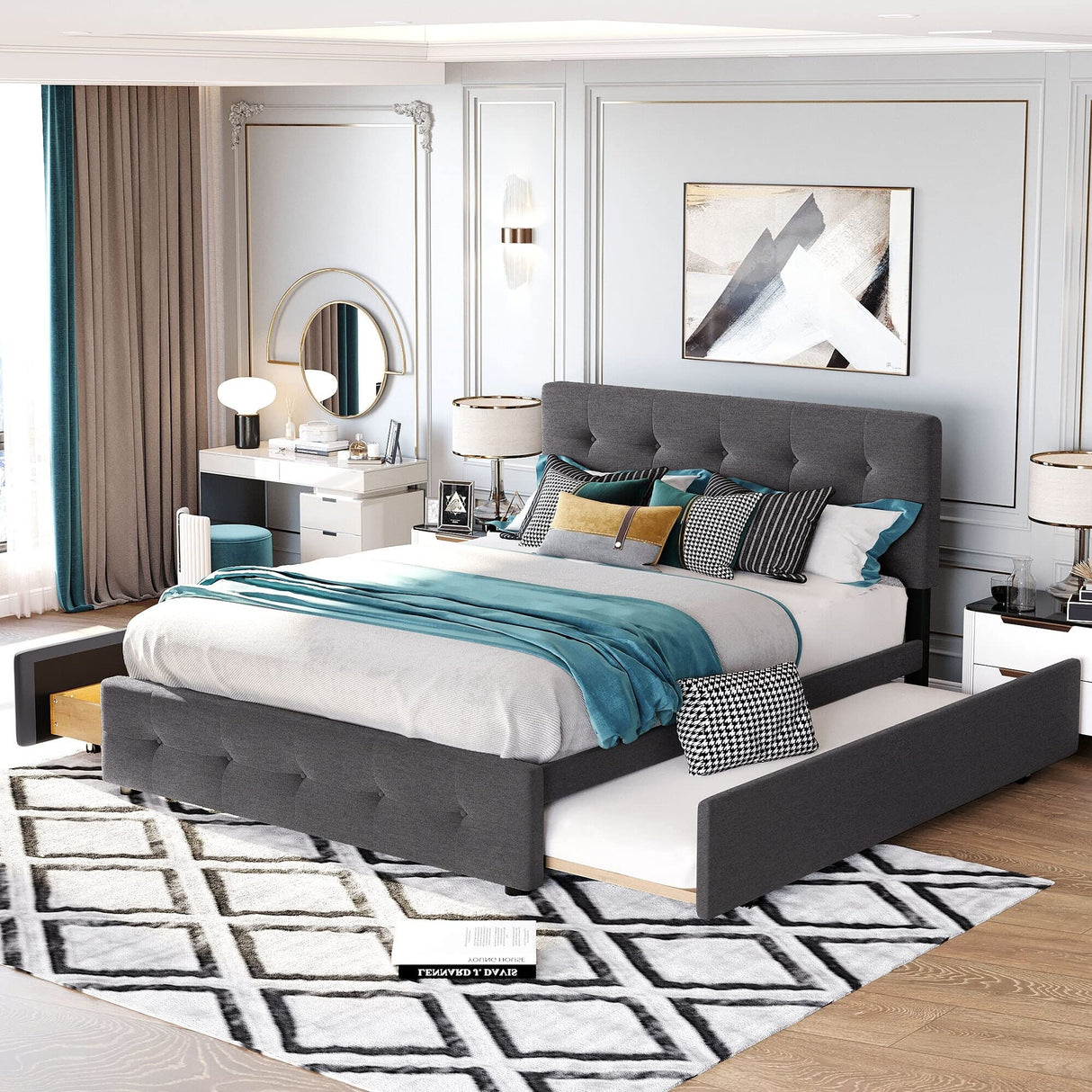 Upholstered Platform Bed with 2 Drawers and 1 Twin XL Trundle Dark Grey
