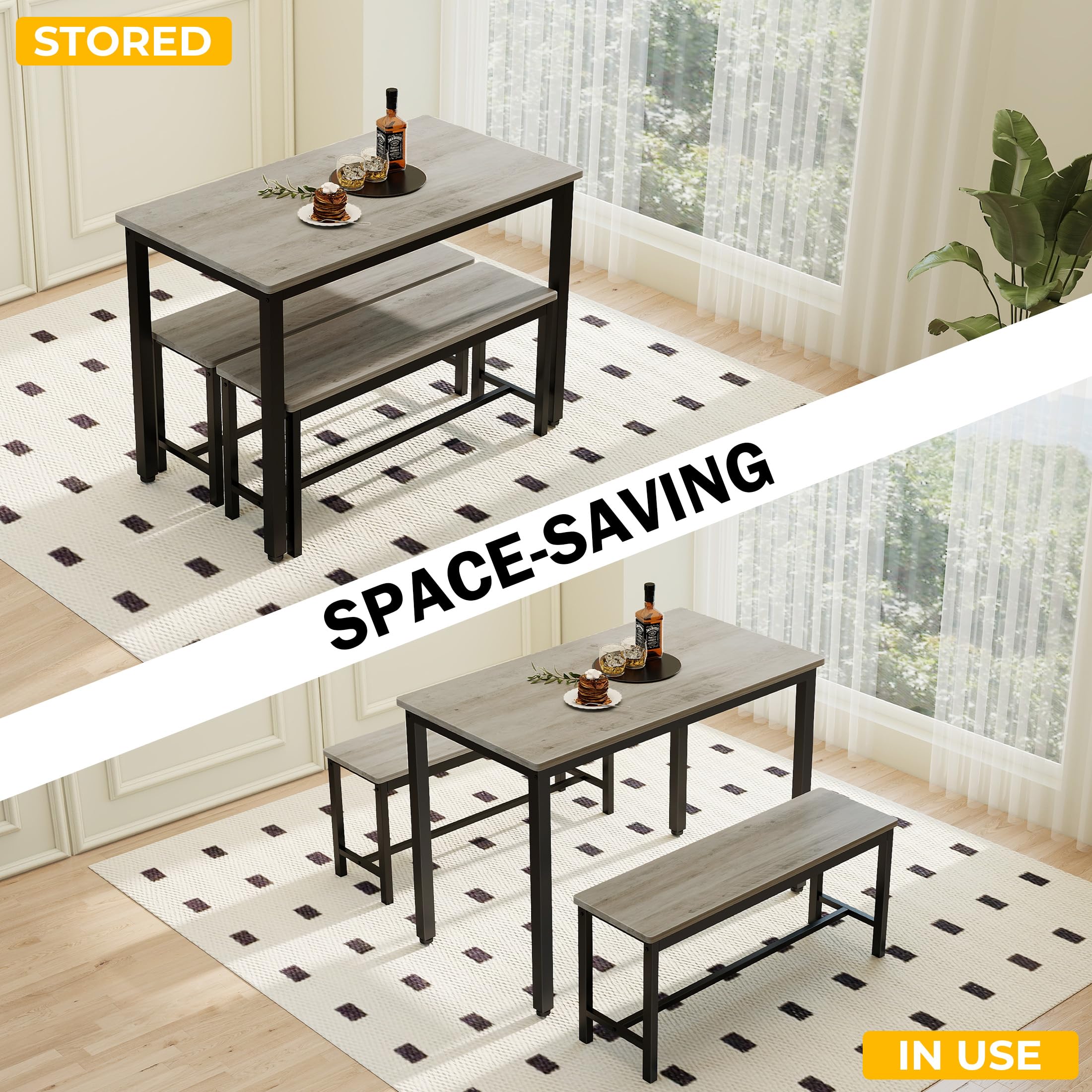 5-Piece Dining Table Set with Bench for 4 - Space-Saving Kitchen Table, Grey