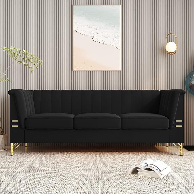 84" Velvet Couch Black Sofa Medieval Modern Luxury Sofa Comfortable Couches