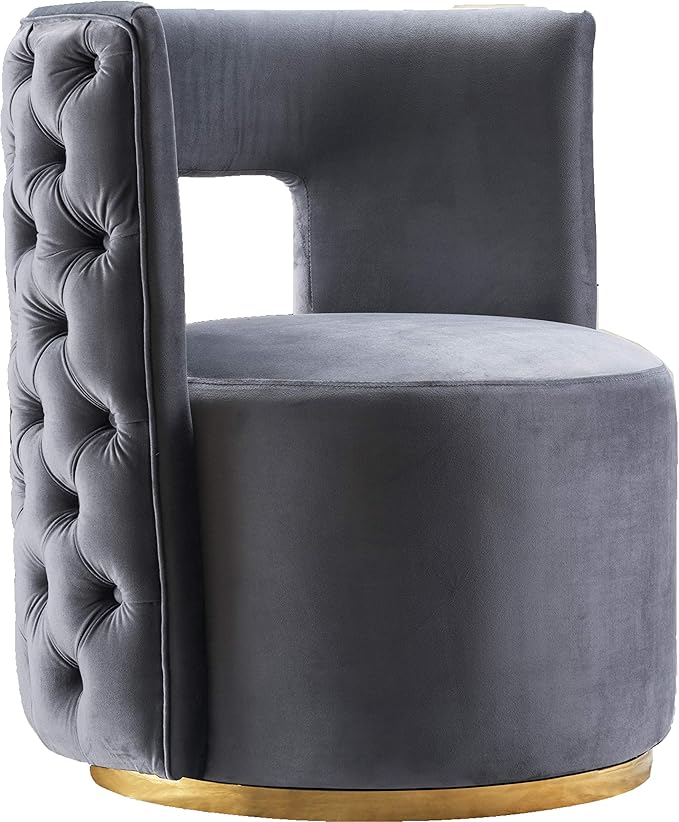 Furniture Theo Collection Modern | Contemporary Velvet Upholstered Accent Chair with Deep Button Tufting and Swivel Base in Gold Finish, 28" W x 27" D x 31" H, Black