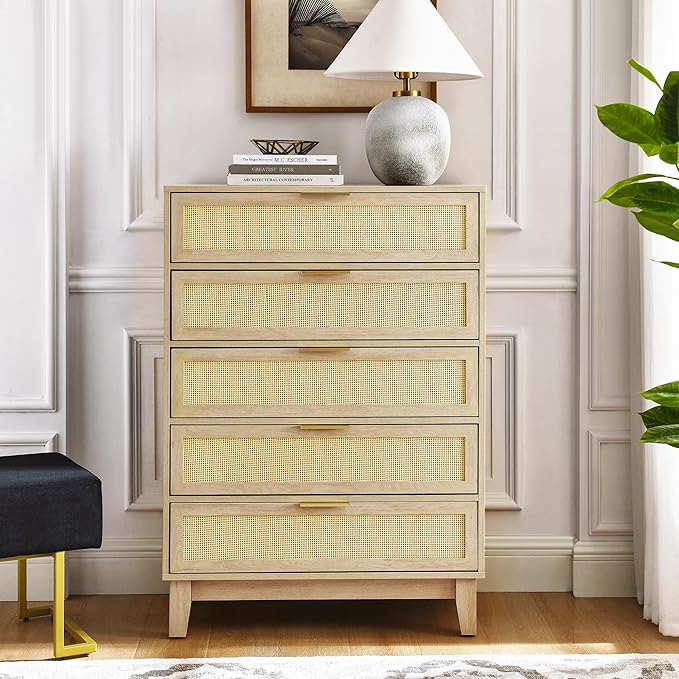 5 Drawers Dresser for Bedroom, 50'' Tall Rattan Dresser, Boho Chest of Drawers with Gold