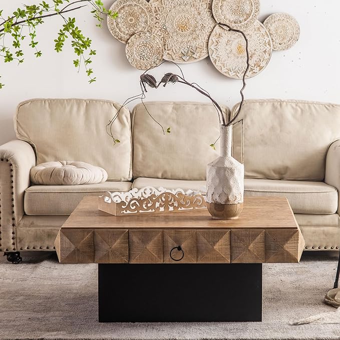 38" Coffee Table, Three-Dimensional Embossed Pattern Design Retro Style Round