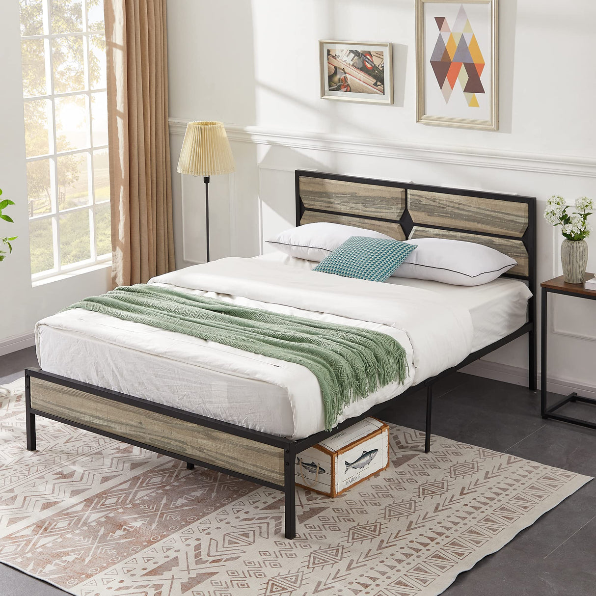 Full Size Platform Bed Frame with Wood Headboard/Mattress Foundation/Premium Steel Slats Support/