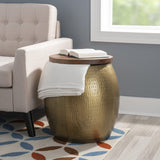 Brass Drum Side Table with Storage Beneath The Wood Top Janice