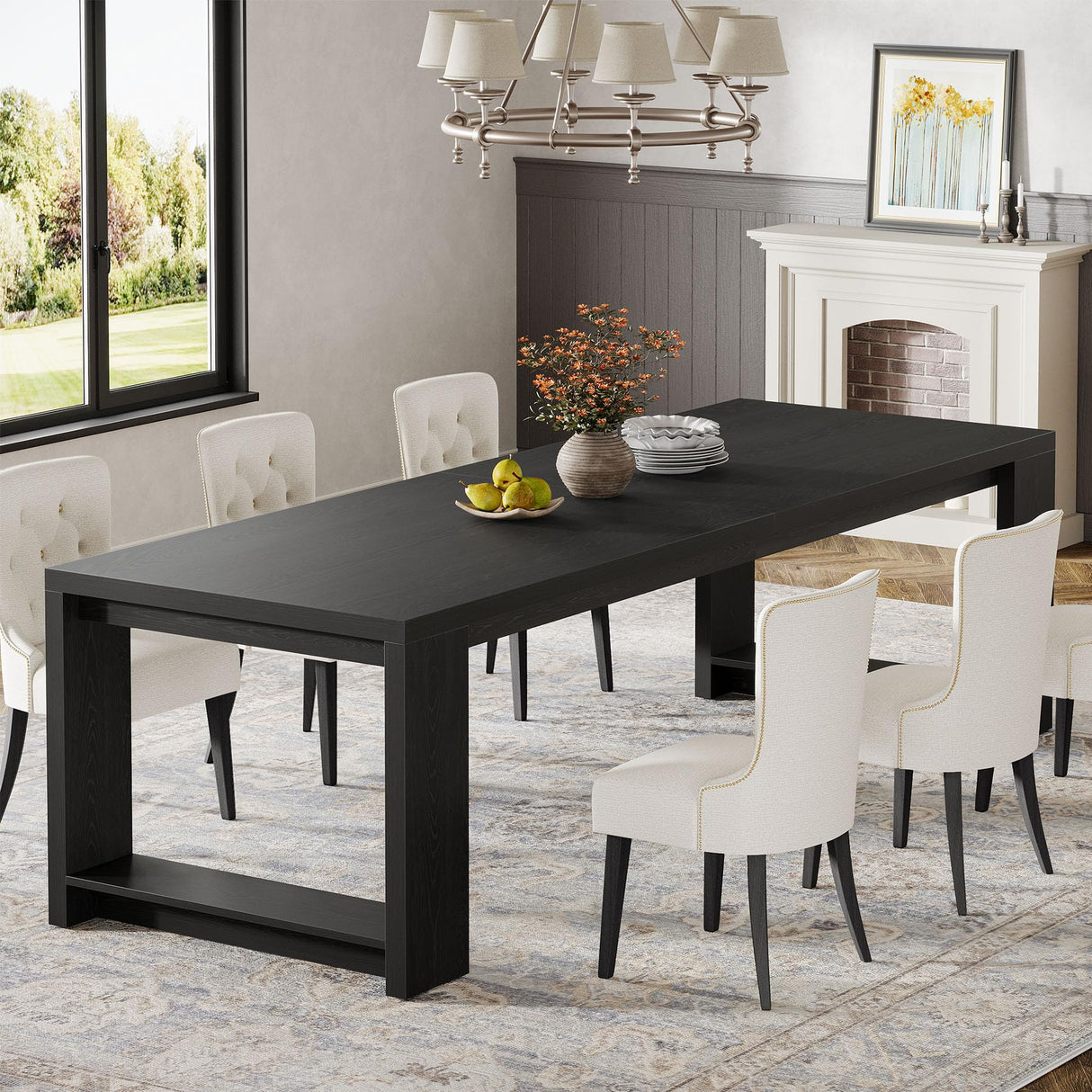 86.61-Inch Dining Table for 6-8 People - Modern Farmhouse Rectangular Kitchen Table with Pedestal Base