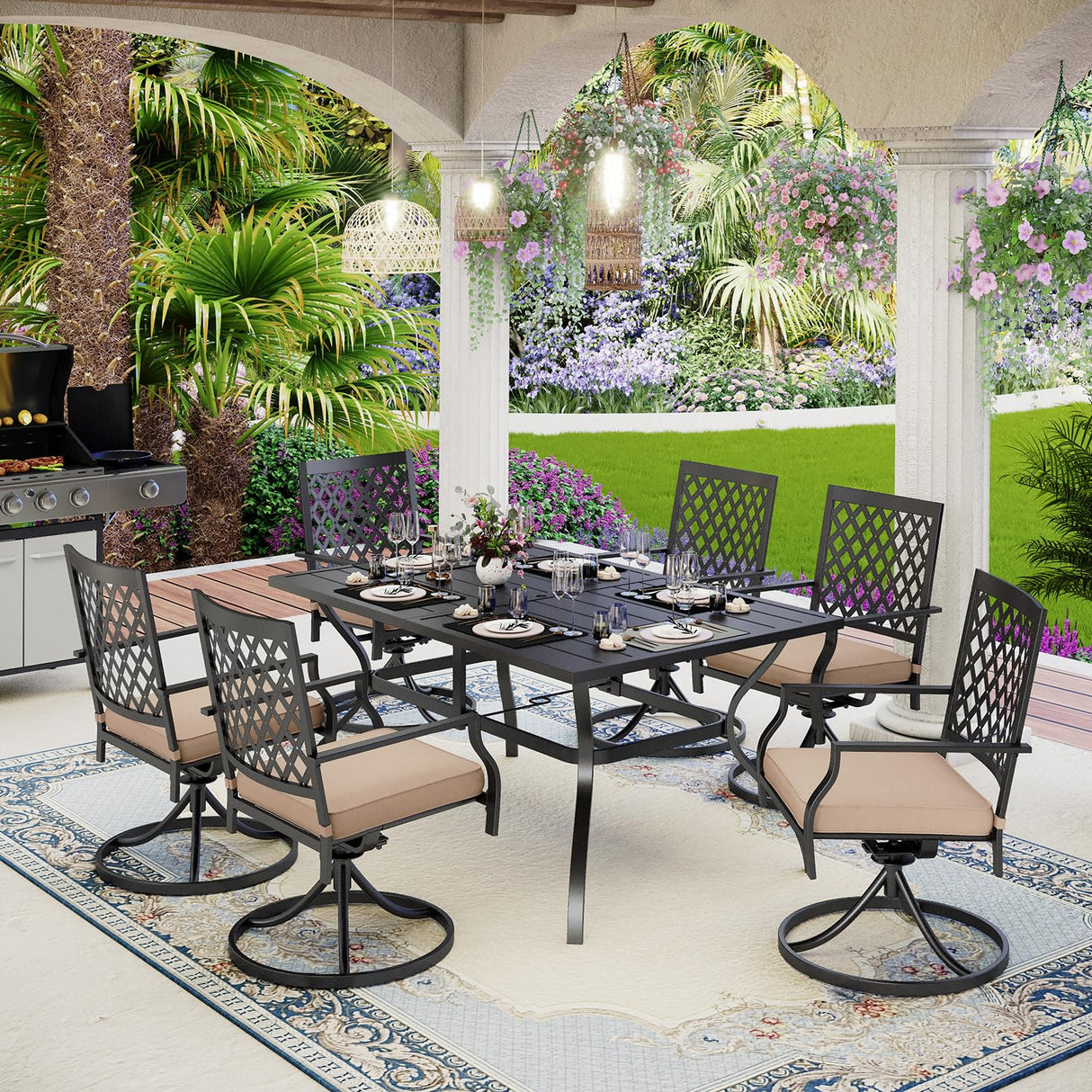 7PCS Patio Dining Set, Large Rectangular Metal Top Table