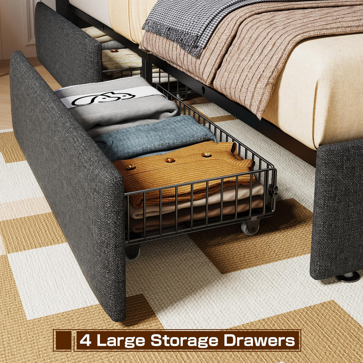 King Size Bed Frame with 4 Storage Drawers, Upholstered King Bed Frame