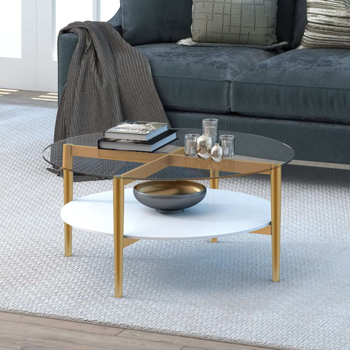 Otto 36'' Wide Round Coffee Table with MDF Shelf in Brass/White Lacquer