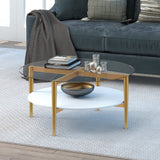 Otto 36'' Wide Round Coffee Table with MDF Shelf in Brass/White Lacquer