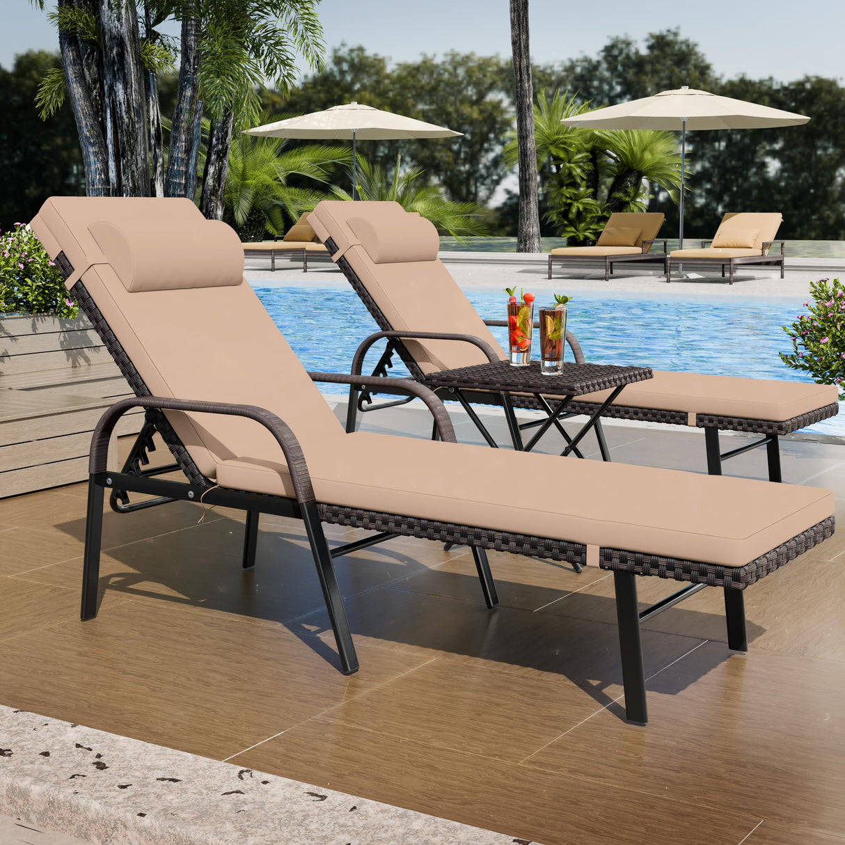 Patio Chaise Lounge Set 3 Pieces Outdoor Lounge Chair with Rattan Adjustable Backrest