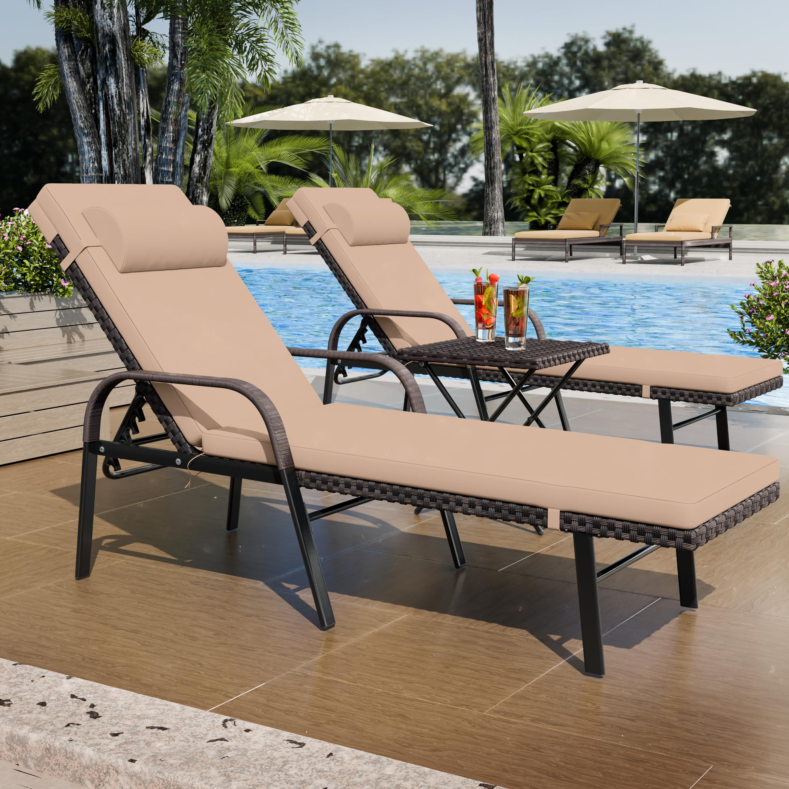 Patio Chaise Lounge Set 3 Pieces Outdoor Lounge Chair with Rattan Adjustable Backrest