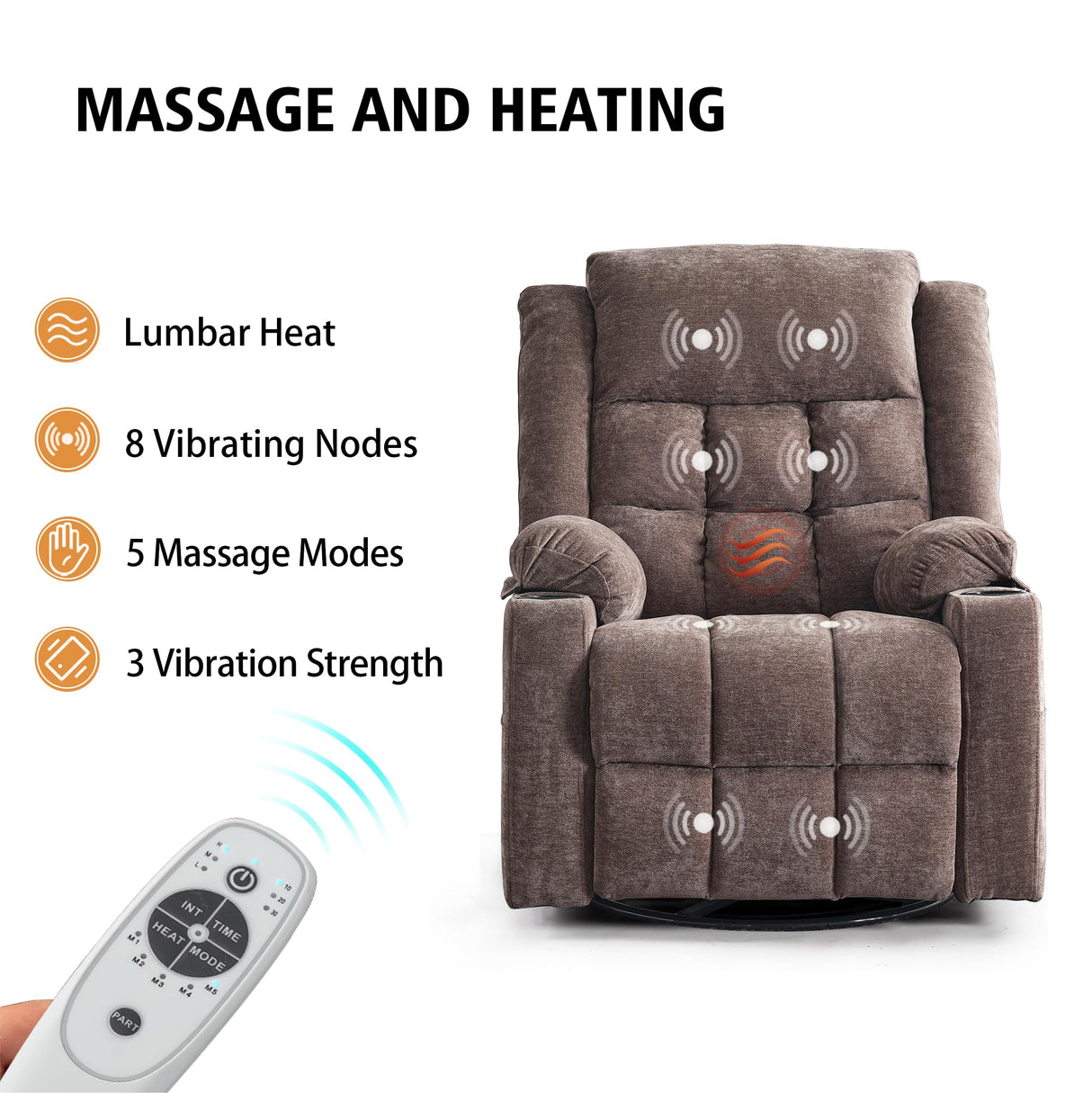 Ketaiyou Power Swivel Rocker Recliner Massage Chair, USB and Type-C Ports, Electric Recliner Glider Reading Chairs Living Room, Upholstered Soft Fabric Reclining Sofa Chair (Fabric Coffee)
