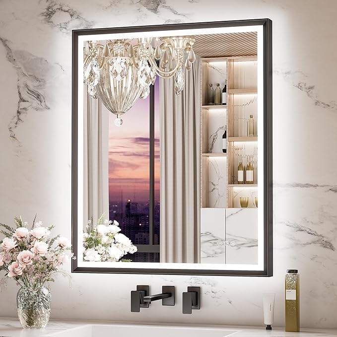 LED Bathroom Mirror, Gold Mirror with Frontlit & Backlit, Metal Framed
