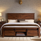 King Farmhouse Wood Bed Frame with Sliding Barn Door Storage Cabinets, Solid Wood