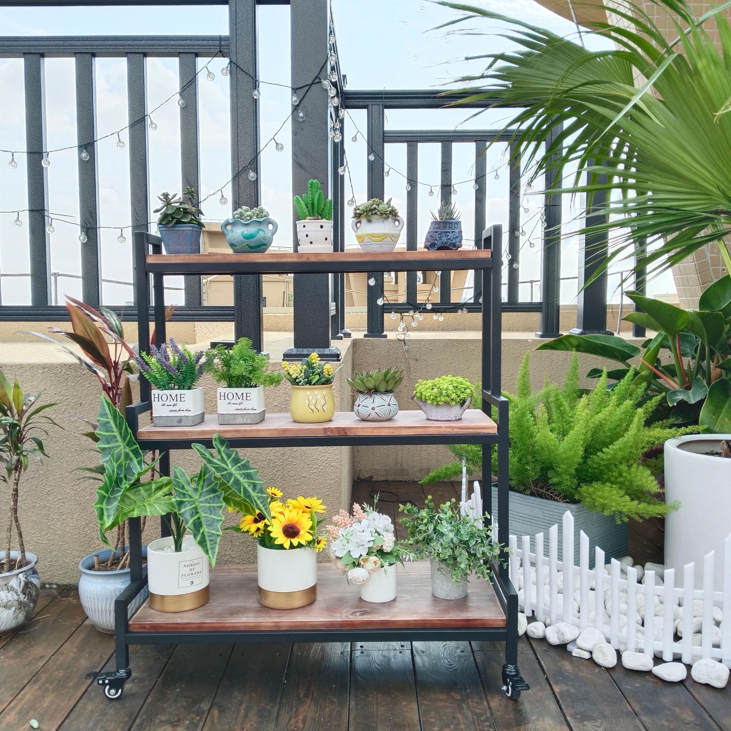 Rustic 3-Tier Rolling Plant Stand with Wheels