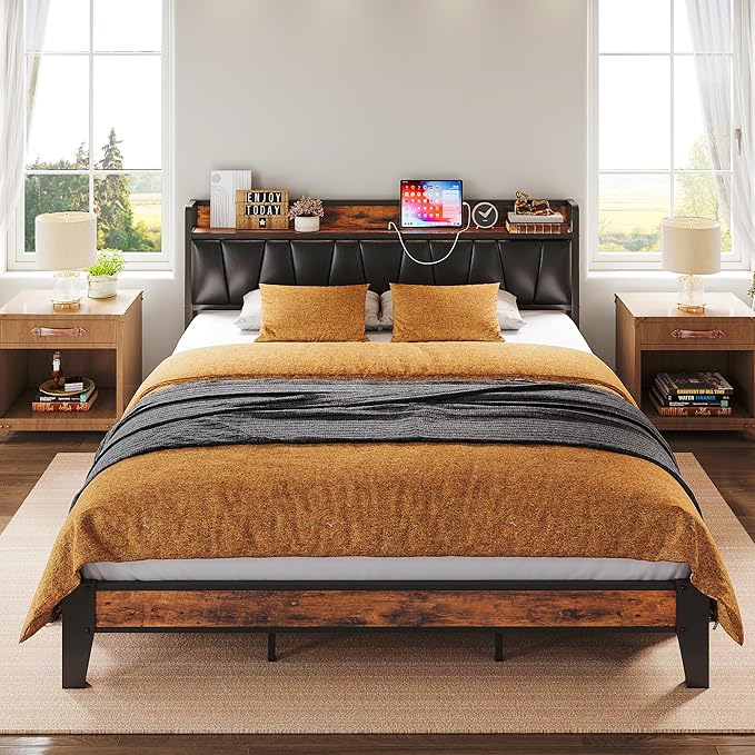 California King Bed Frames, Storage Headboard with Charging Station