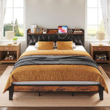 King Size Bed Frame, Storage Headboard with Charging Station, Solid and Stable