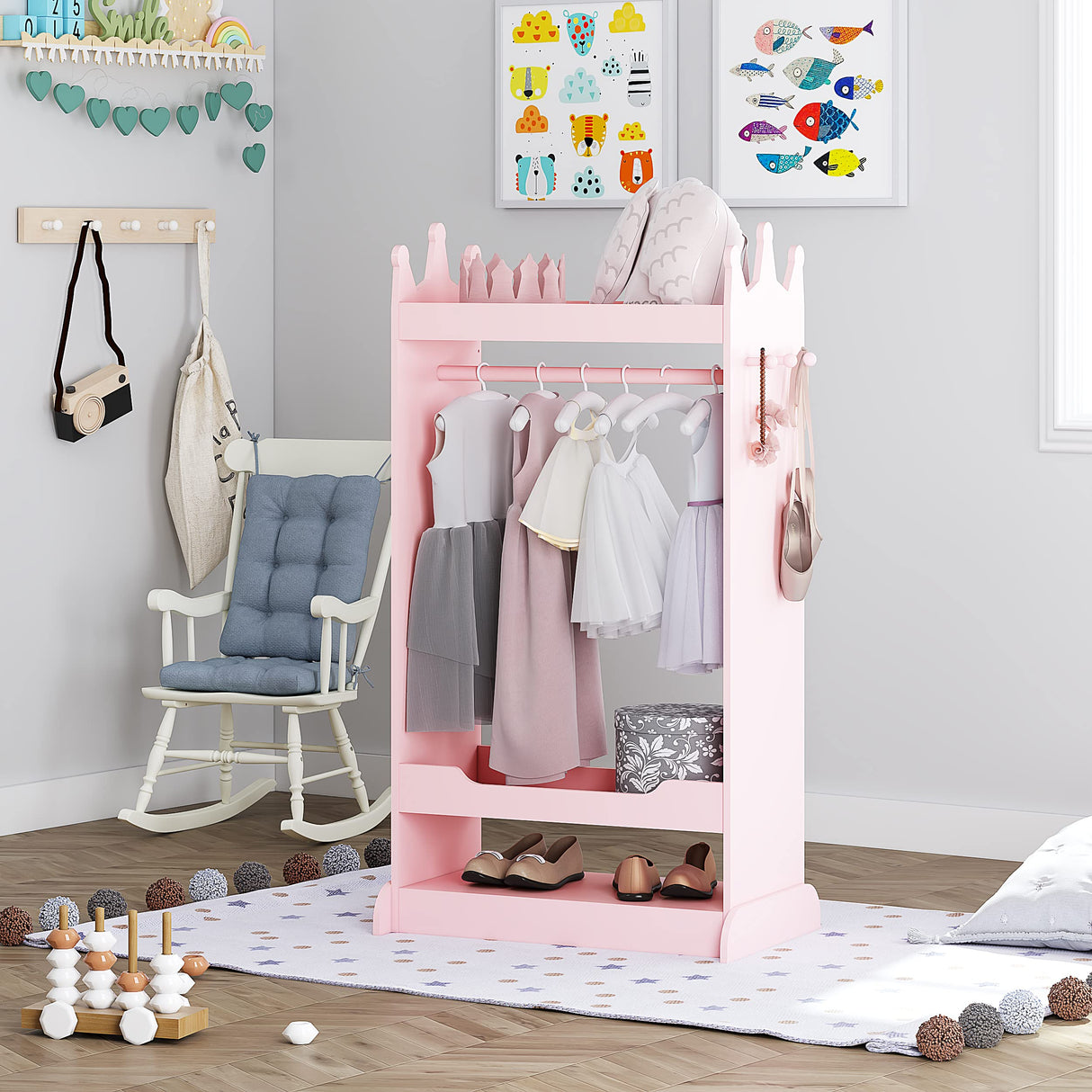 Kids Dress up Storage with Mirror,Costume Closet for Kids, Open Hanging Armoire Closet