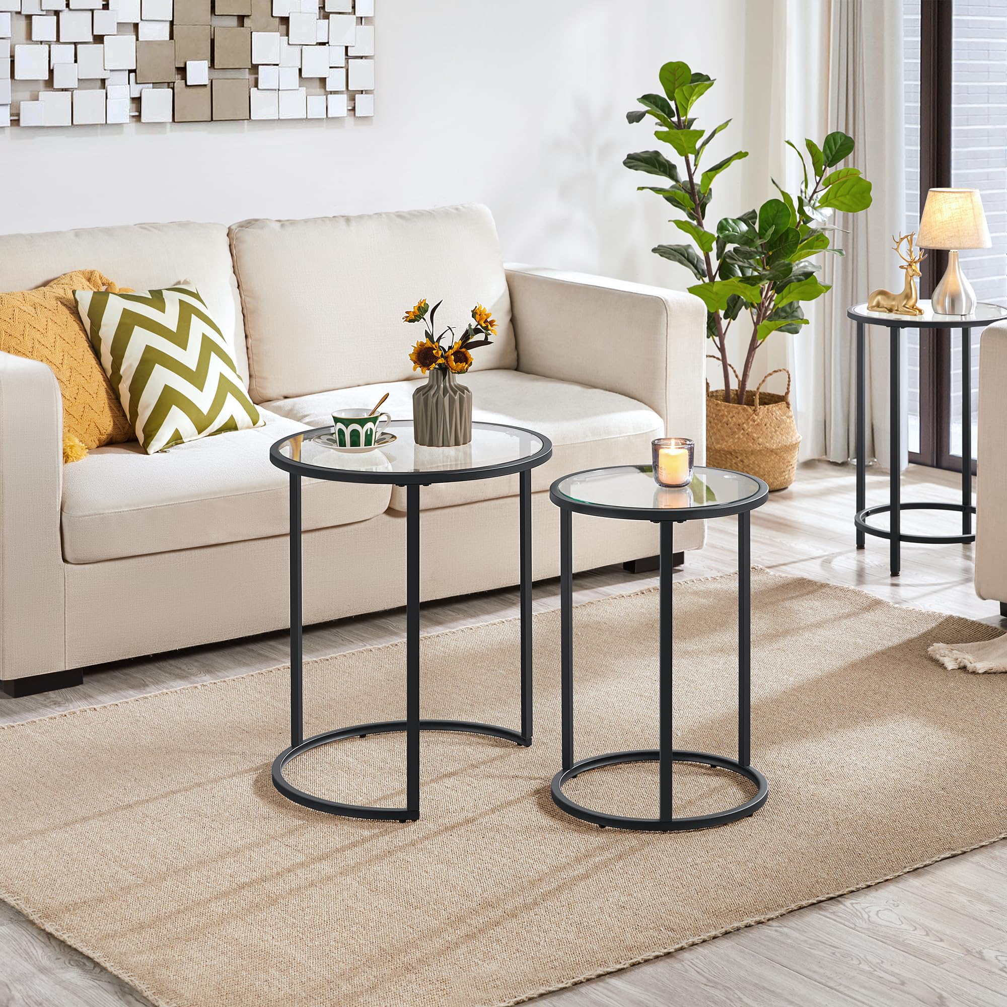Round Nesting End Table Set of 2,Stacking Side Tables,Coffee Tables Set w/Metal Frame