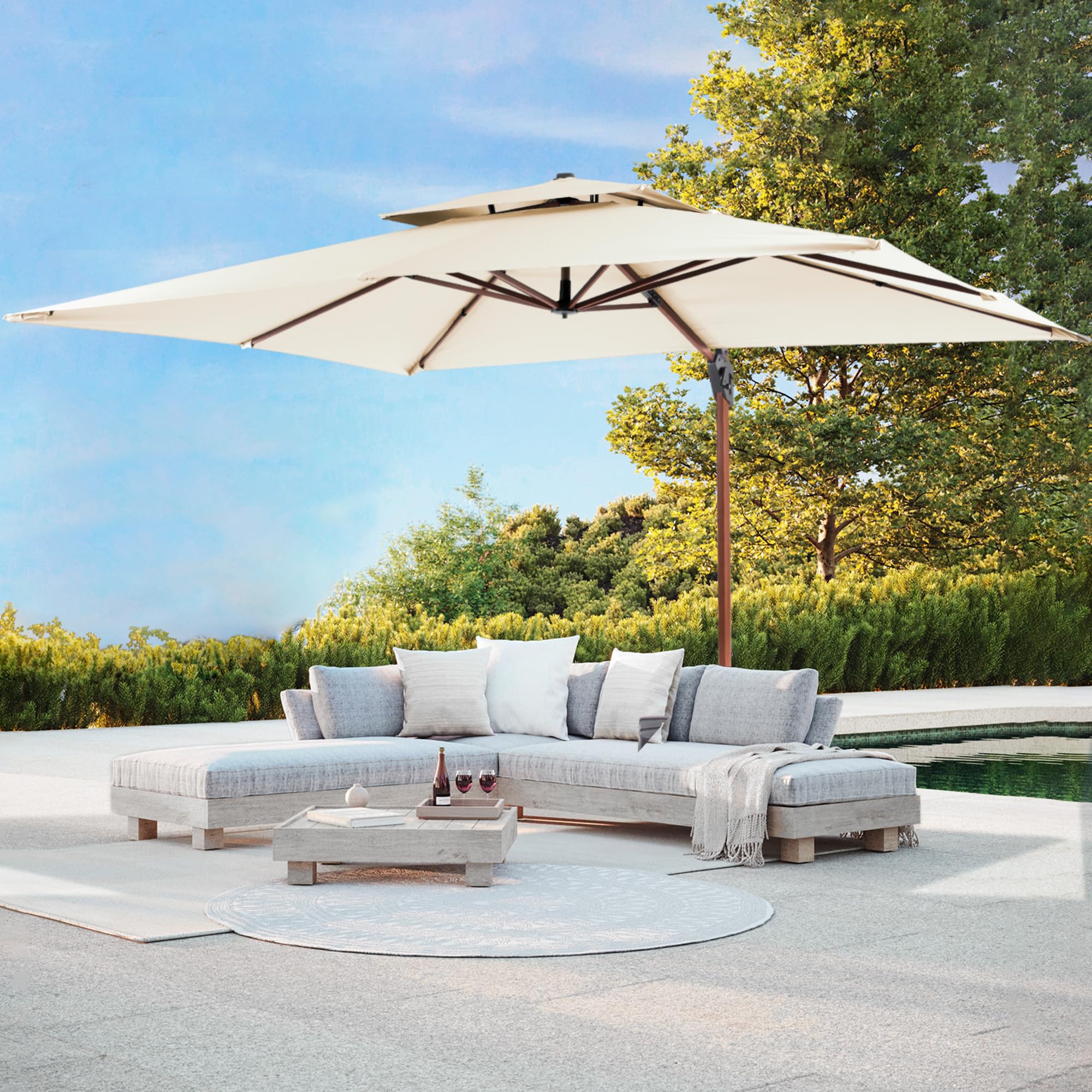 JZAC & QZYD 10 X 13 FT Outdoor Patio Umbrella Deluxe Wood Pattern Cantilever Rectangle Umbrellas with Double Top and 360° Rotation for Pool Deck Backyard Garden, Beige