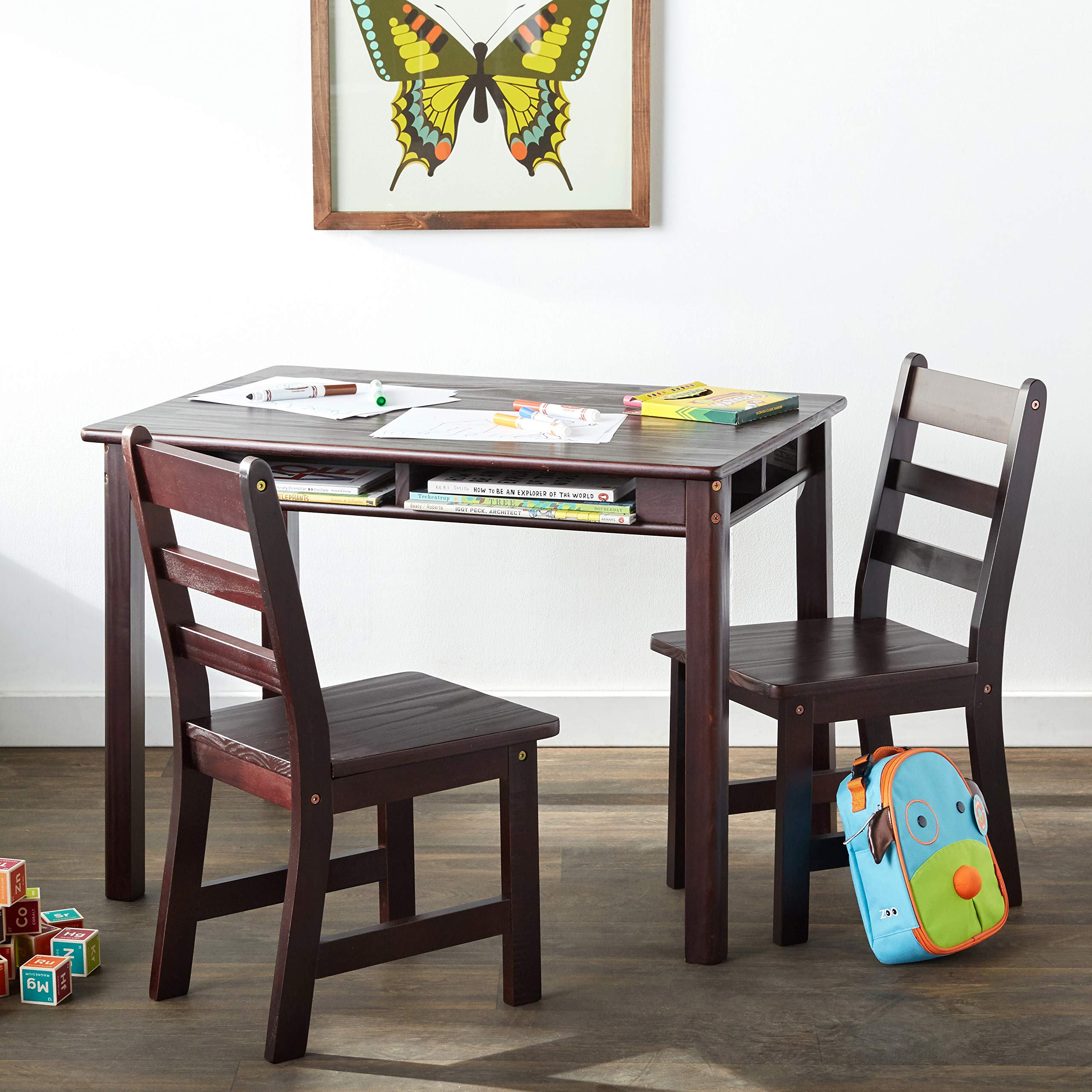Child's Rectangular Table with Shelves and 2 Chairs, Espresso Finish