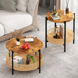 3 Pieces Coffee Table Set for Living Room, 2 Tier Round Rattan Coffee End Side Table