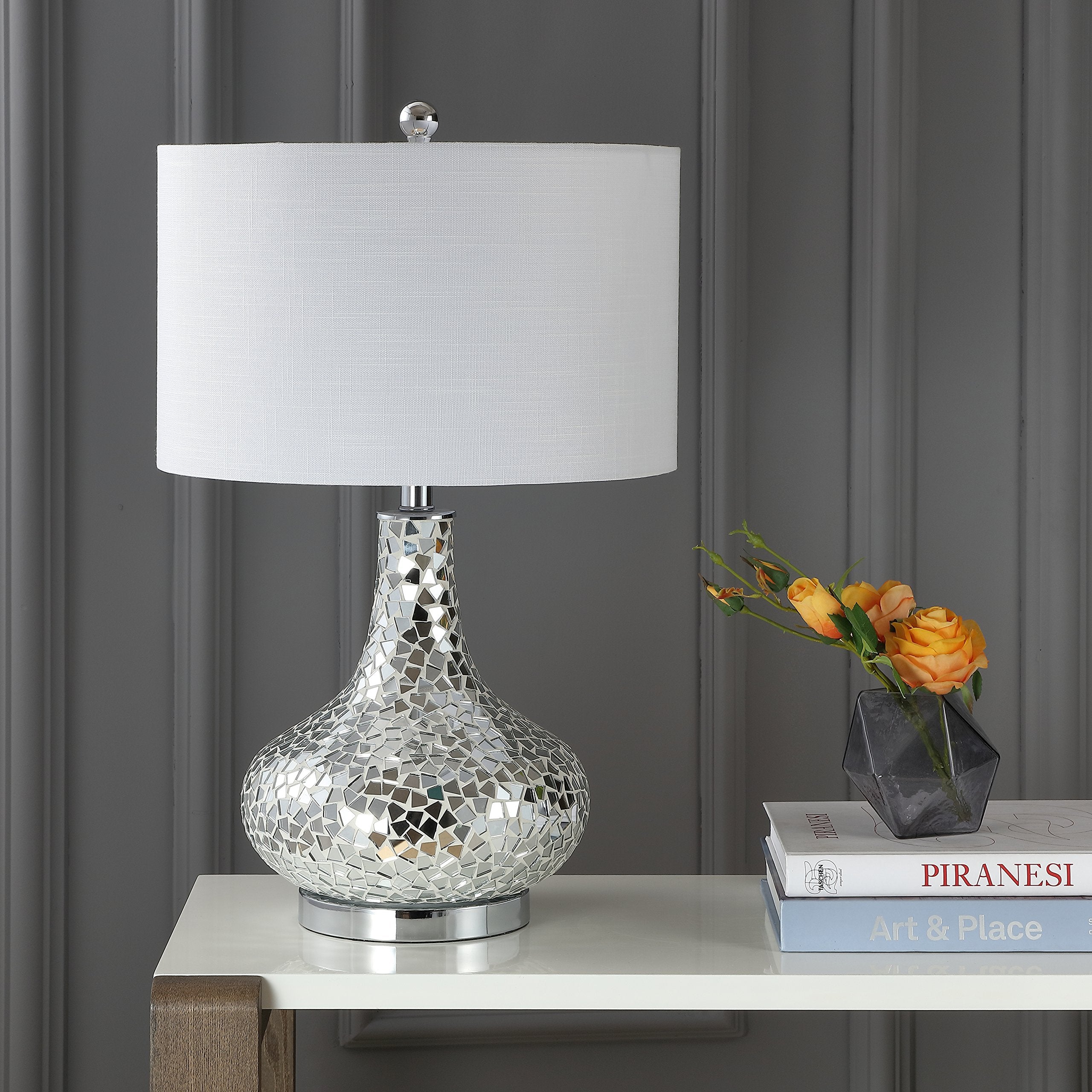 jYL1056A Emilia 26" Mirrored Mosaic LED Table Lamp Contemporary Glam Bedside Desk