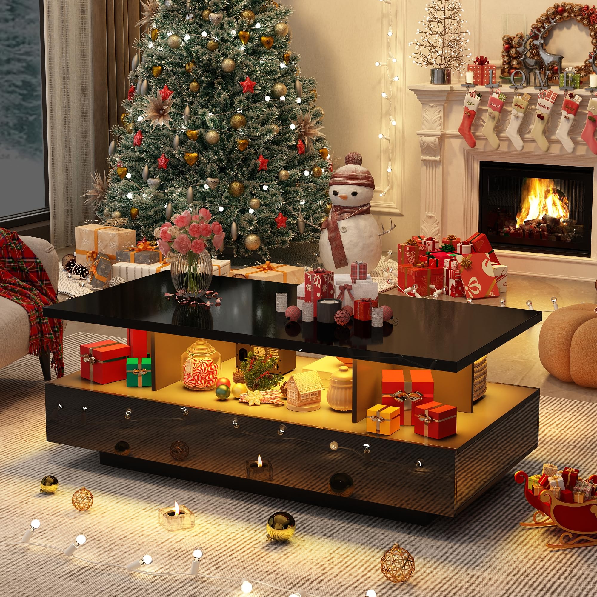 LED Coffee Table w/ 2 Storage Drawers,App Control,High Glossy Modern Black Coffee Table