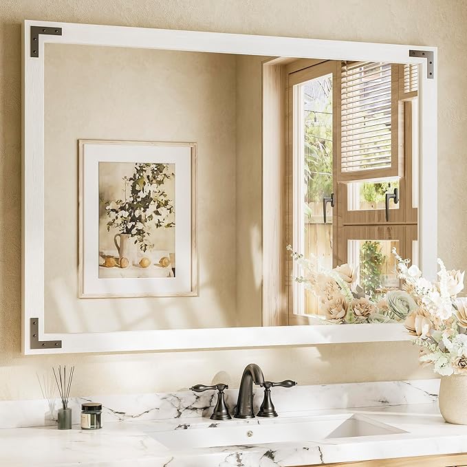 Brown Wood Framed Wall Mirror for Bathroom