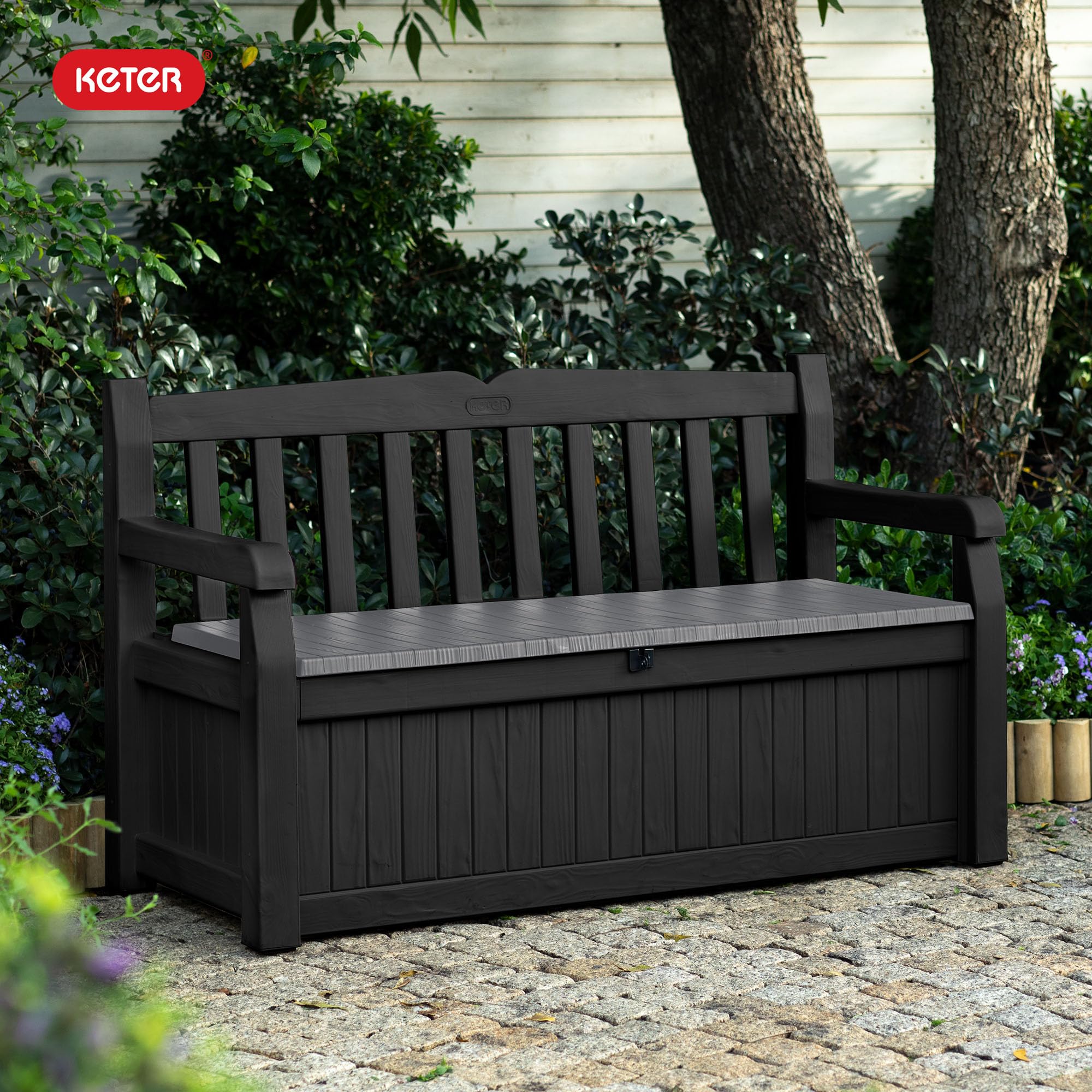 Gallon Storage Bench Deck Box for Patio Storage, Front Porch Decor and Outdoor Seating